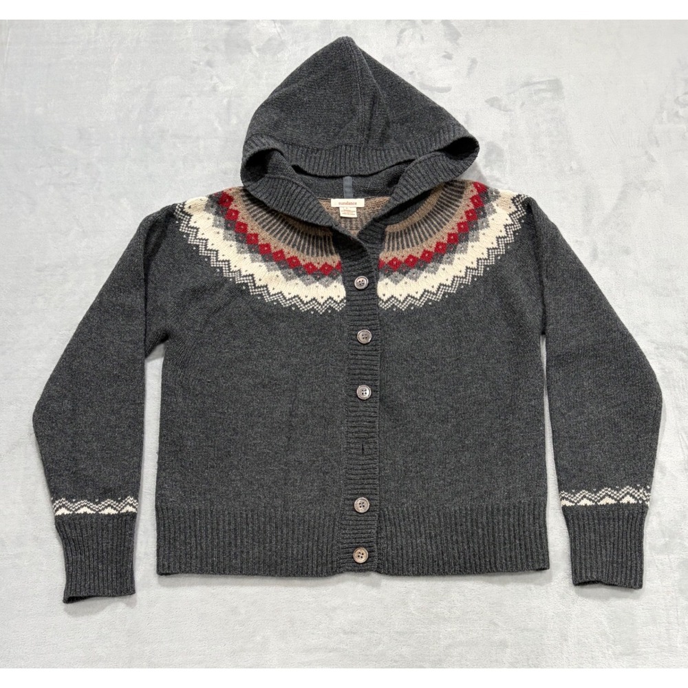 Sundance Womens Fair Isle Nordic Hooded Cardigan Sweater Large Lambswool Granola